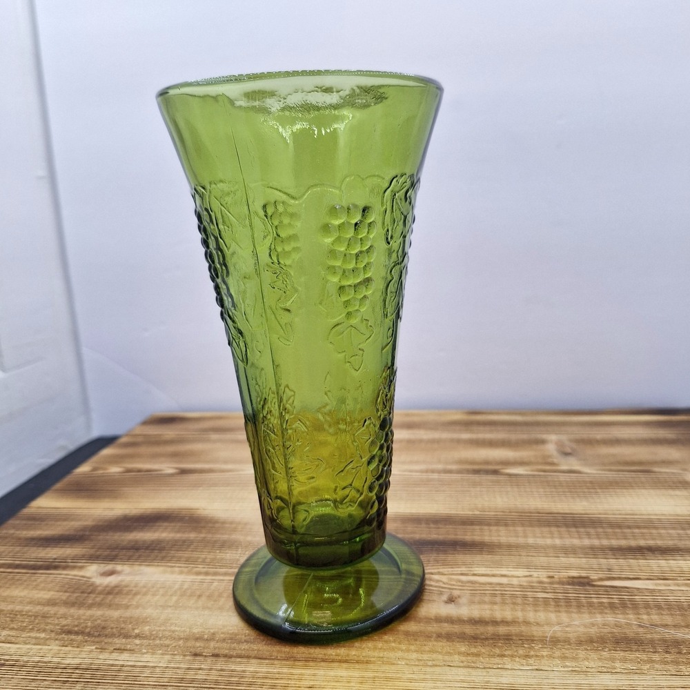 Vintage Green Indiana Glass Vase with Raised Grape Pattern circa 1940s/50s